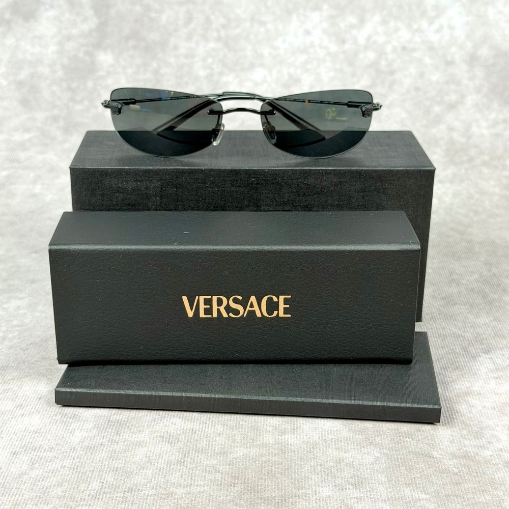 Versace MOD 2279 Black Rimless Sunglasses Grey Lens Italy 60 18 135 NEW